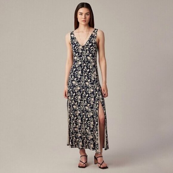 Hudson North Navy Floral Prairie Jersey Side Slit V-Neck Beach Maxi Dress L - Picture 1 of 9